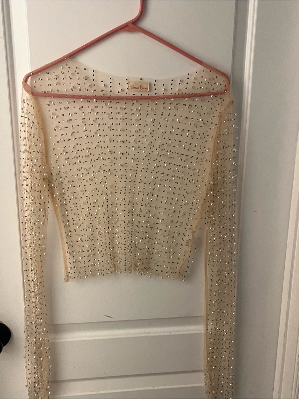 Beach Bunny Nude Pearl & Rhinestone Embellished Mesh Top
